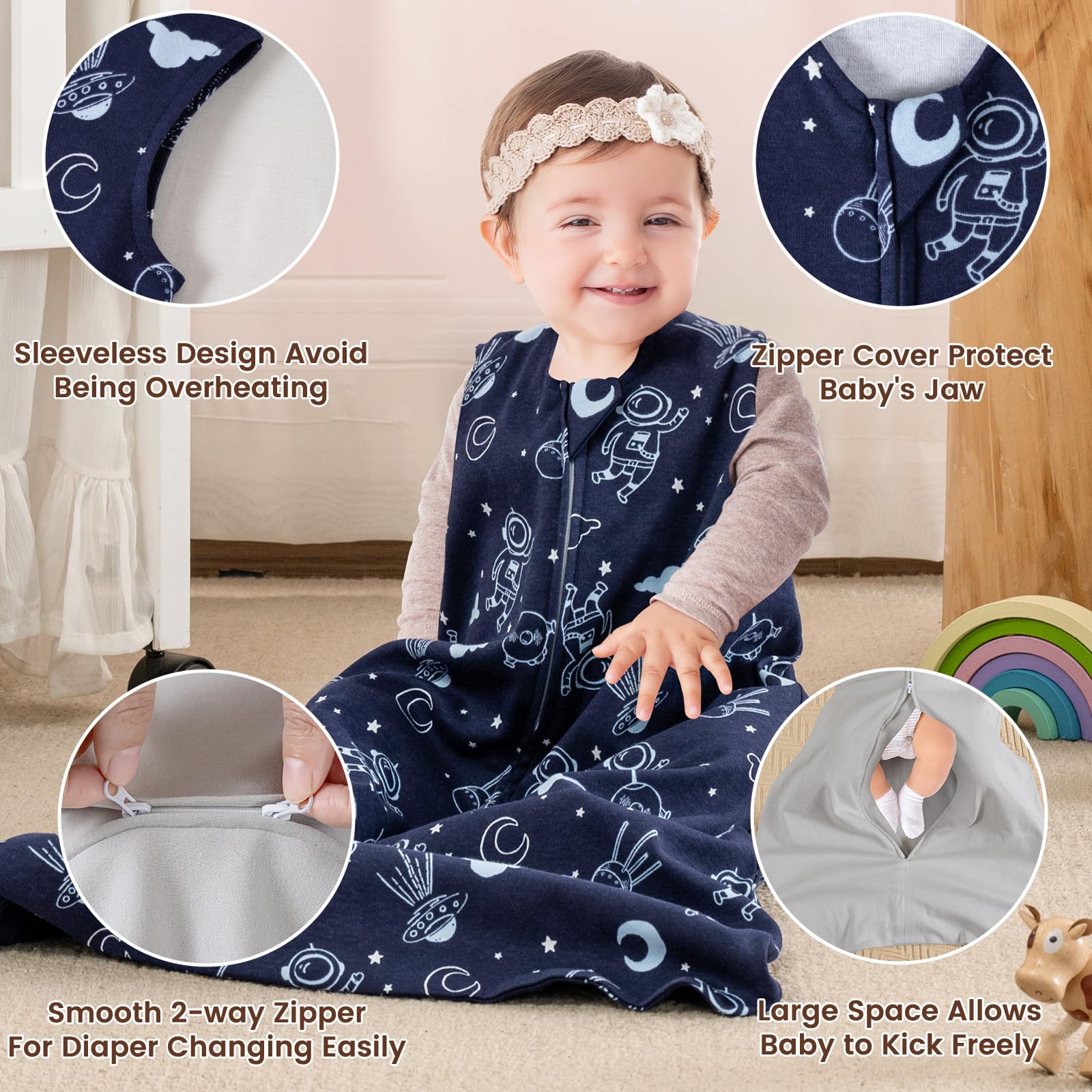 PHF sleep sack two-way zipper close-up for easy night-time changes