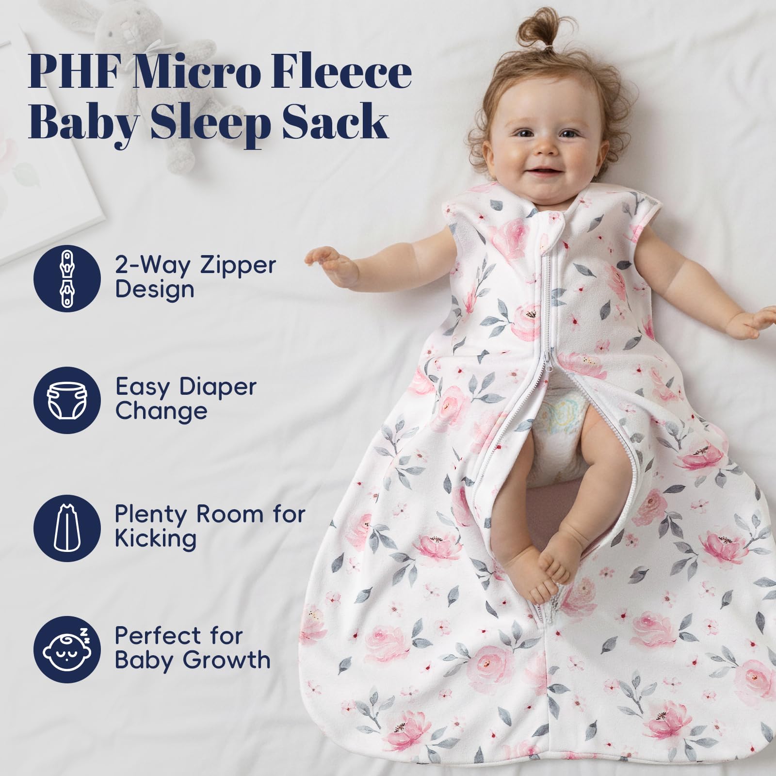 PHF two-way zip sleep sack eases diaper changes while keeping baby snug.