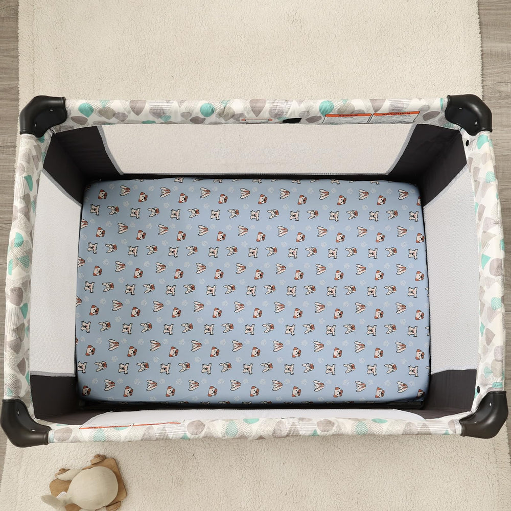 PHF universal-fit playard sheets provide secure mattress fit.