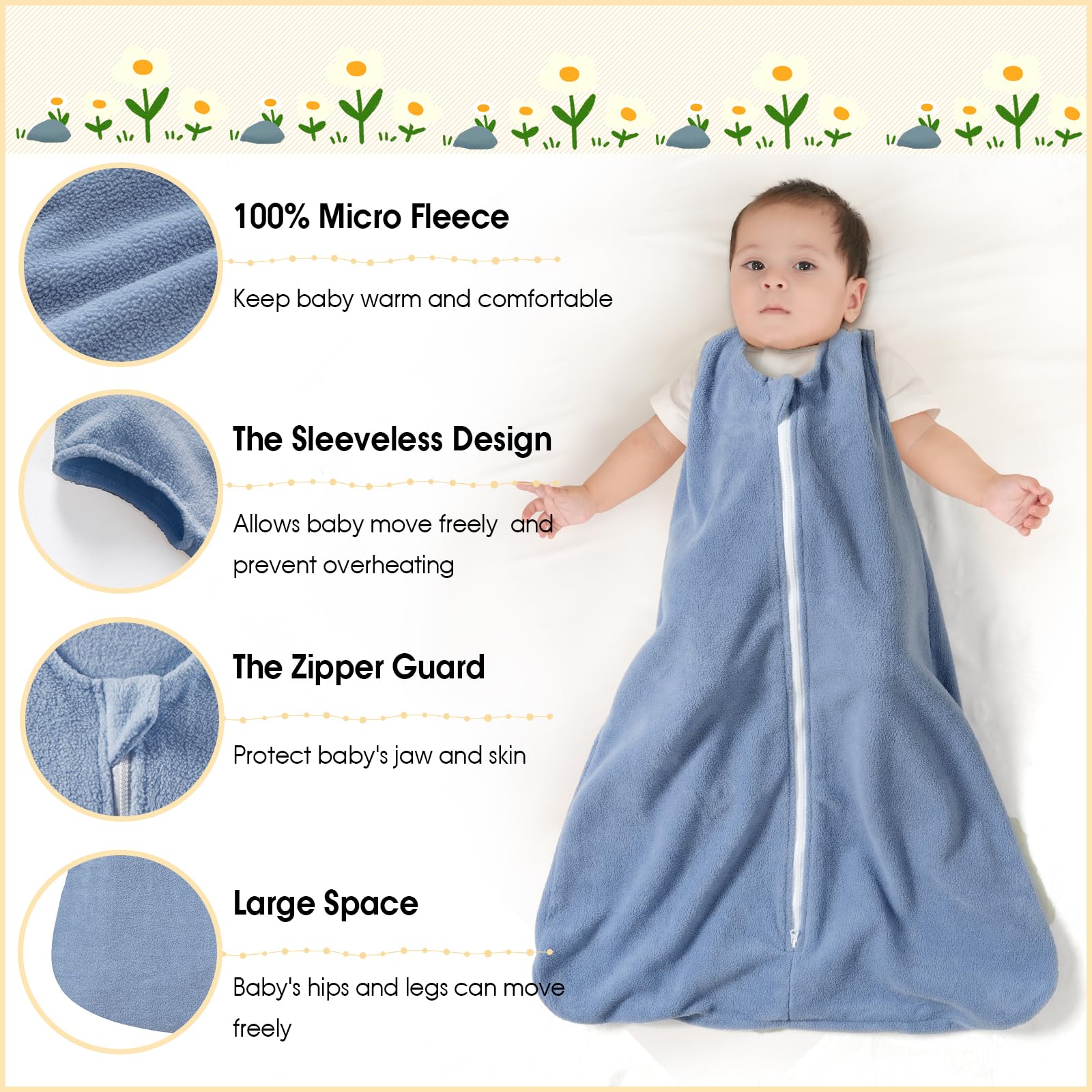PHF sleep sack grey side view, breathable comfort for babies.