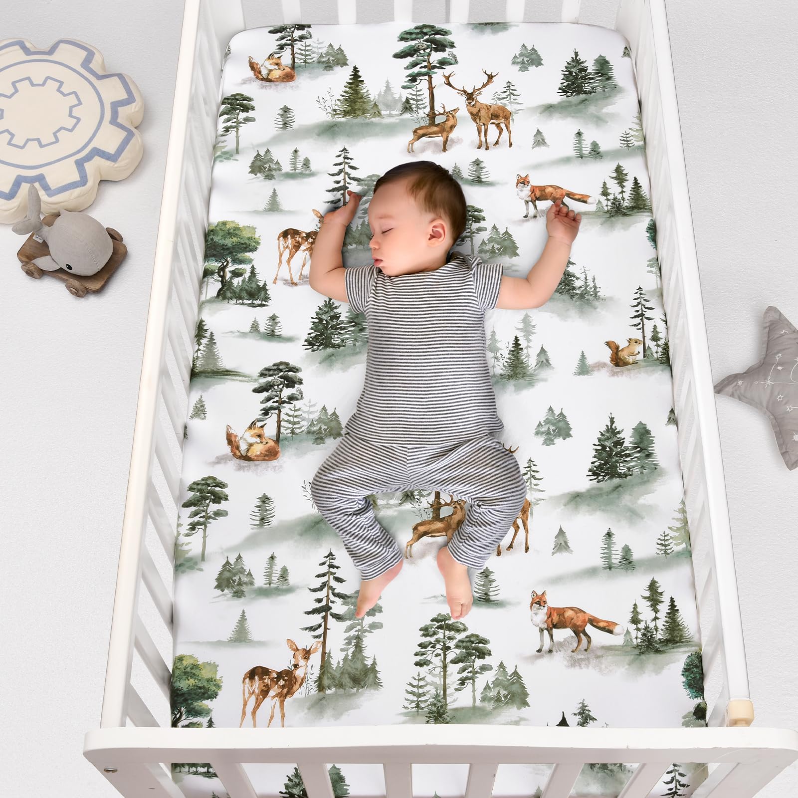 PHF Woodland crib sheets feature squirrels pattern for engaging visuals during tummy time.