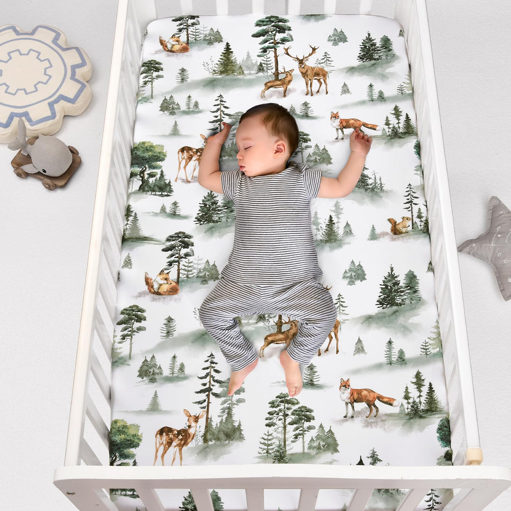 PHF Woodland crib sheets feature squirrels pattern for engaging visuals during tummy time.