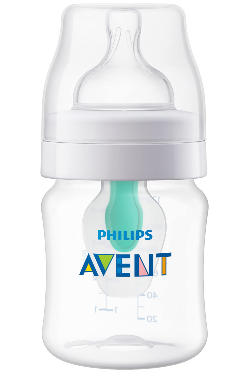 Philips Avent AirFree vent bottle showing milk-filled nipple for comfortable upright feeding