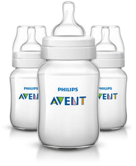 Philips Avent anti-colic bottle with clear body highlights the 9oz design reduces air in feeding