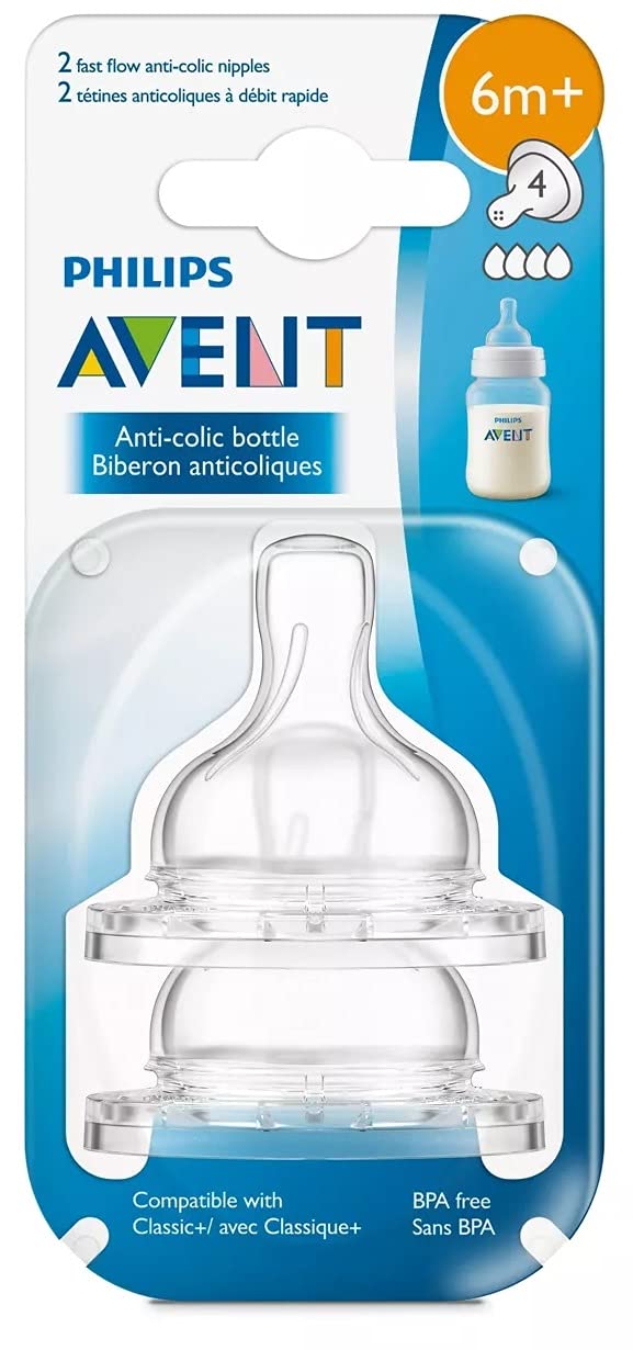 Philips Avent anti-colic fast flow nipple for smoother feeds and reduced air swallowing.