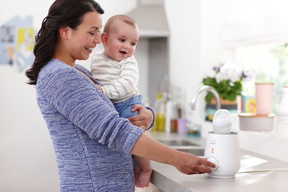 Philips Avent bottle warmer compact design fits on counter or nightstand.