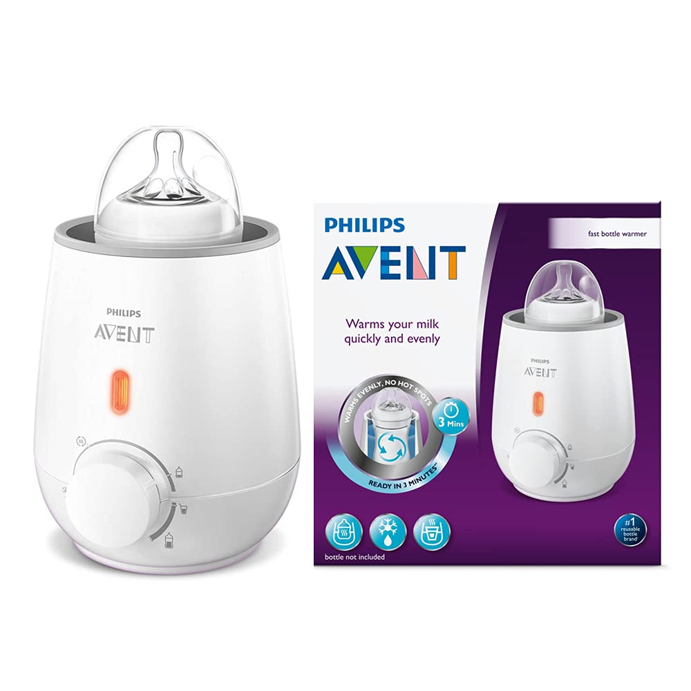 Philips Avent bottle warmer on countertop gently heats bottles evenly.