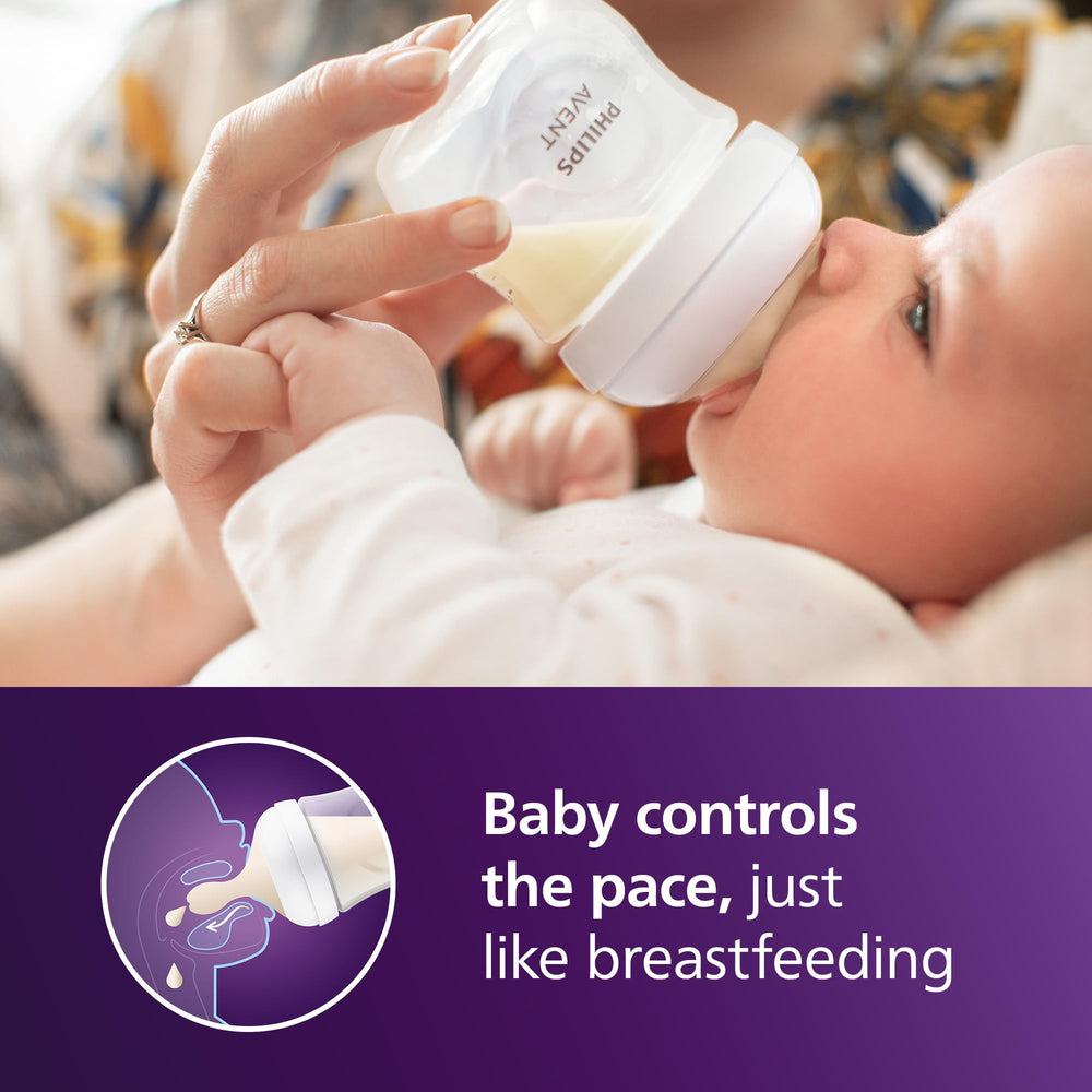 Philips Avent Natural bottle no-drip nipple prevents spills during active feeds.