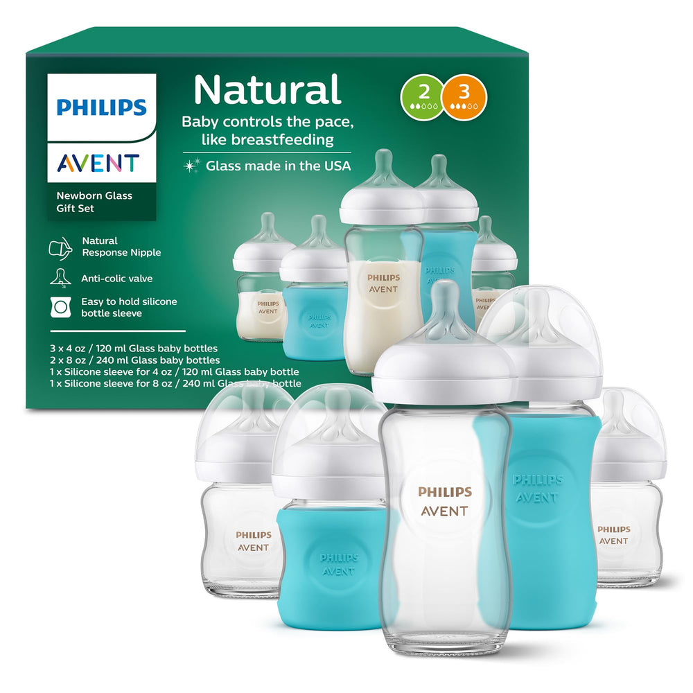 Philips Avent natural glass bottle 4oz with slow flow nipple for controlled feeding