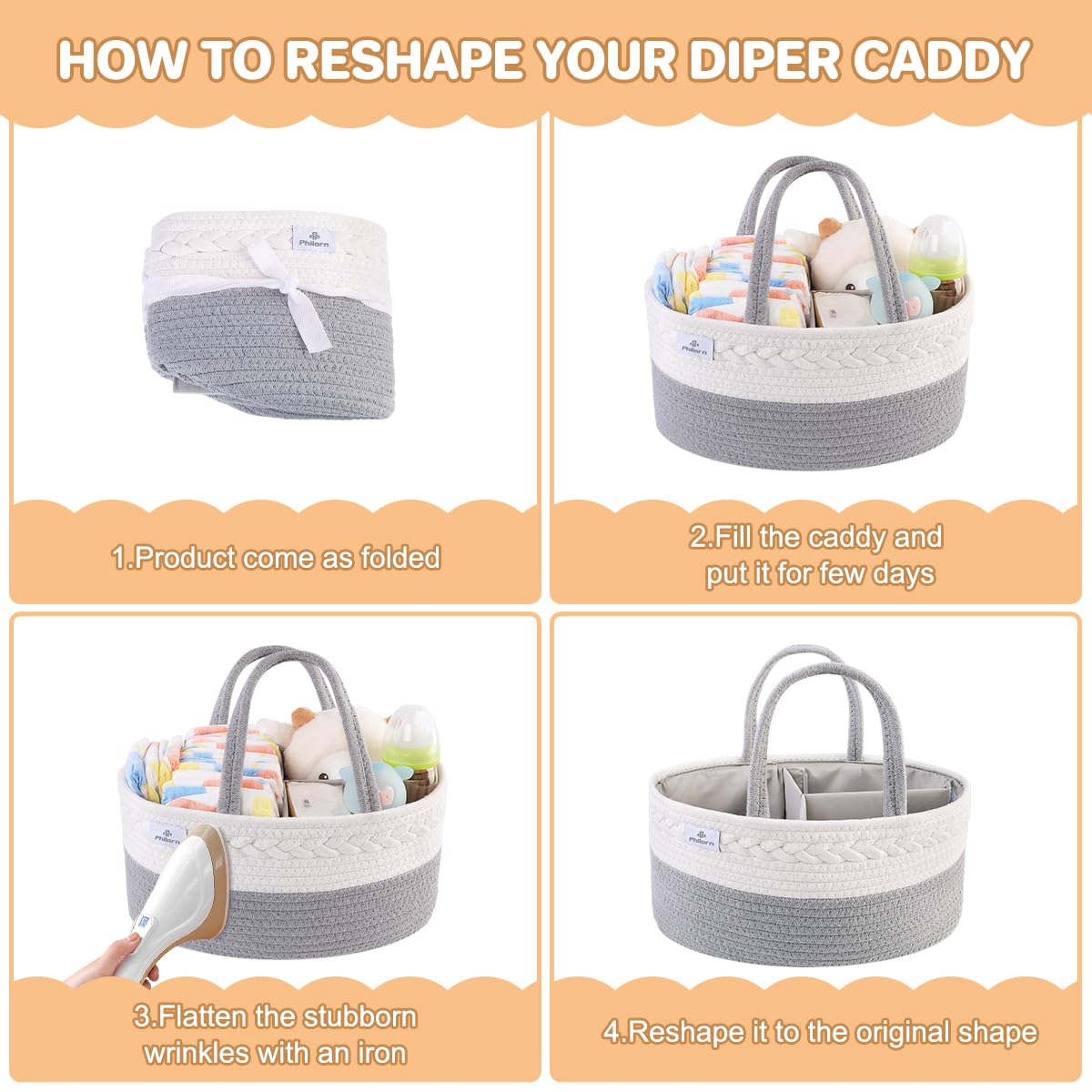 PHILORN diaper caddy organizer side view highlighting sturdy handles for easy transport