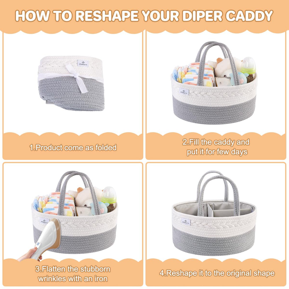 PHILORN diaper caddy organizer side view highlighting sturdy handles for easy transport