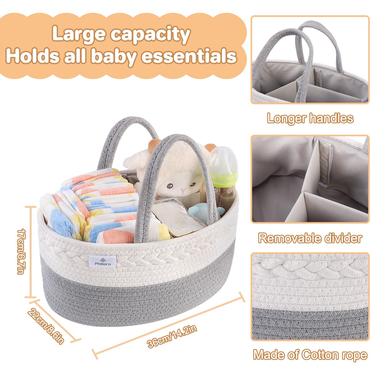 PHILORN diaper caddy with divider demonstrates customizable compartments for tidy storage