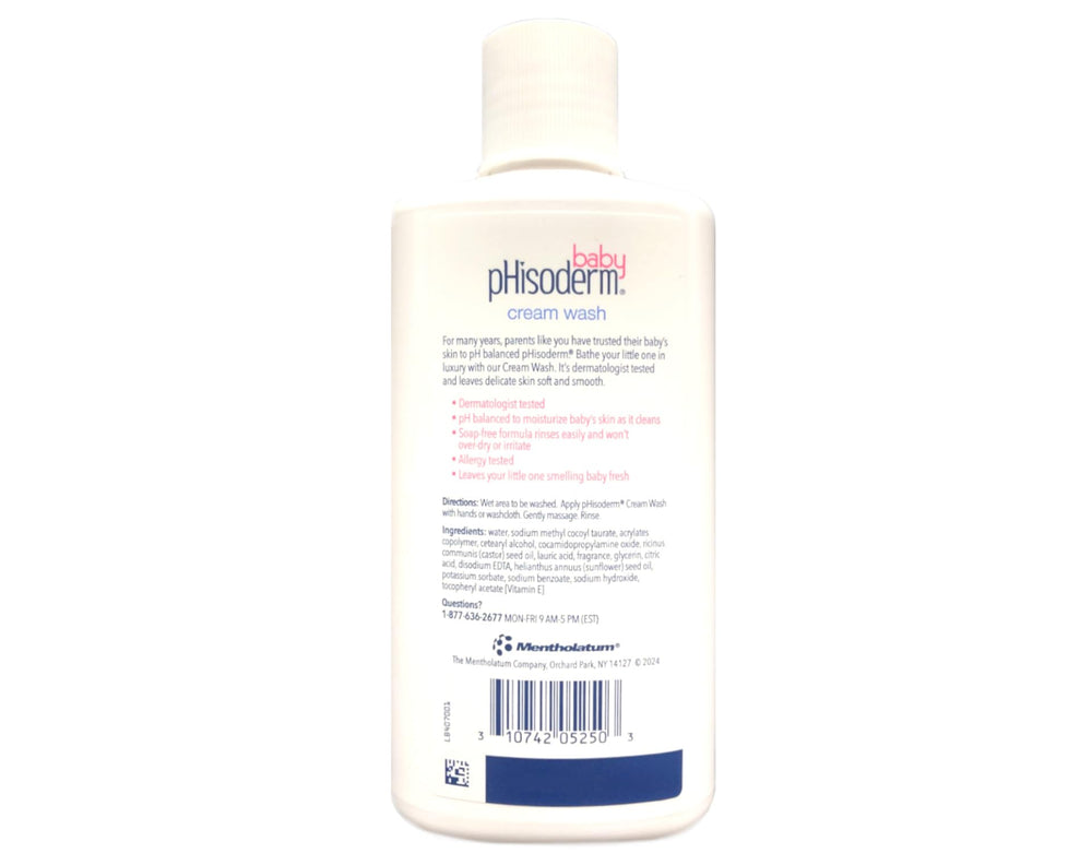 Phisoderm Baby Cream Wash label closeup trusted formula for gentle care