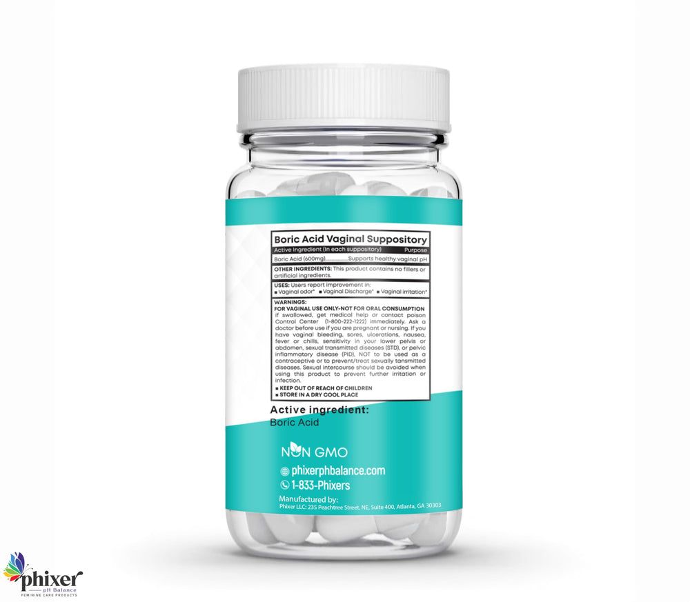 Phixer boric acid suppository foil wrap highlights gentle formulation for sensitive skin
