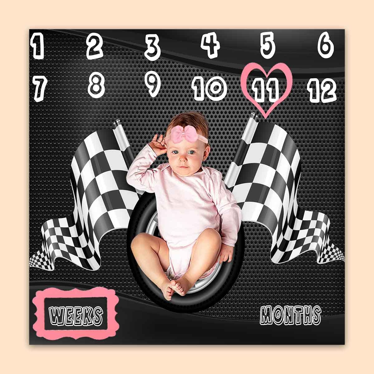 PHMOJEN Racing Baby Milestone Blanket designed for monthly photo updates and growth memories.