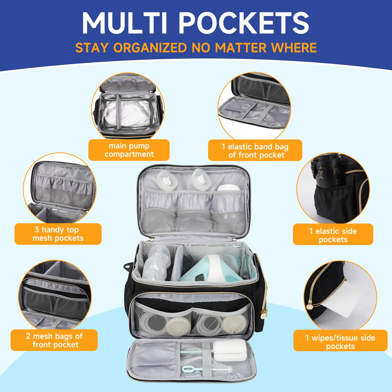 PHOEBUS BABY bag front pocket with mesh holds small parts for quick access.