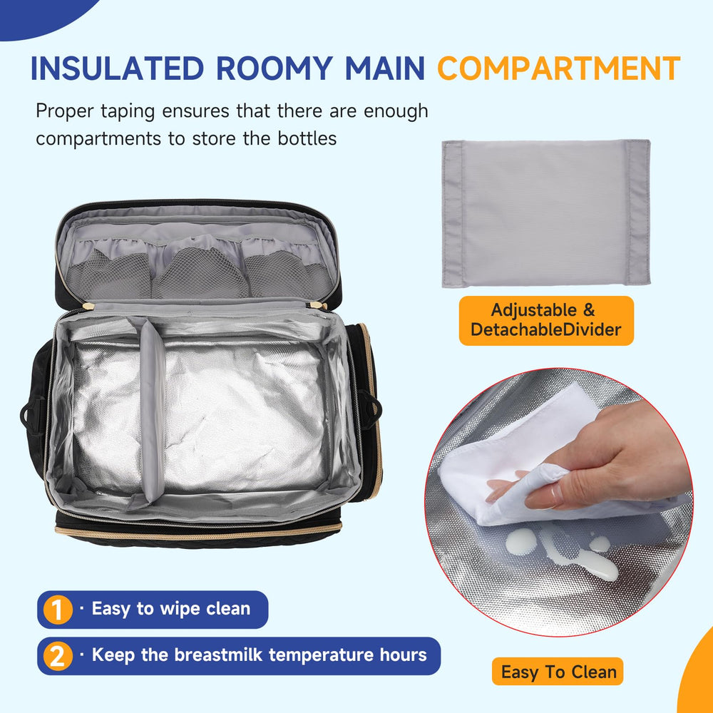 PHOEBUS BABY bag side pockets organize bottles and wipes for on-the-go pumping.