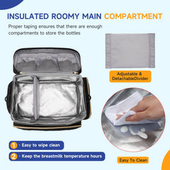 PHOEBUS BABY bag side pockets organize bottles and wipes for on-the-go pumping.