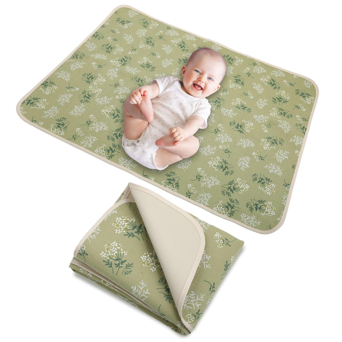 PHOEBUS BABY double-sided changing pad offers soft muslin top and easy-clean leather back.