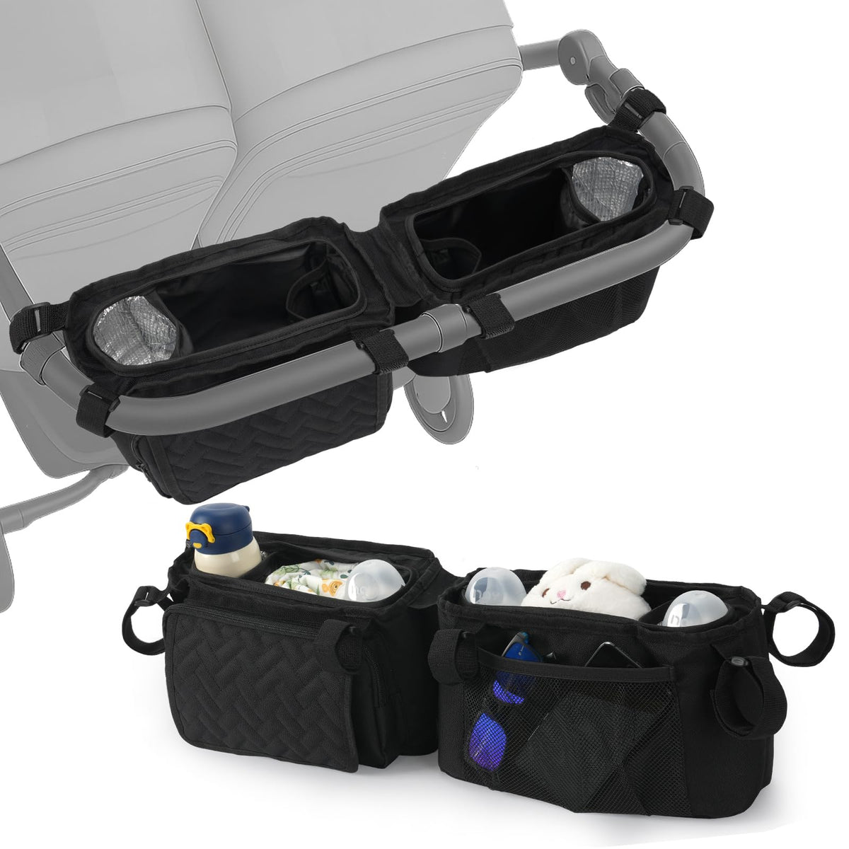 PHOEBUS BABY double stroller caddy organizer keeps essentials within reach on walks