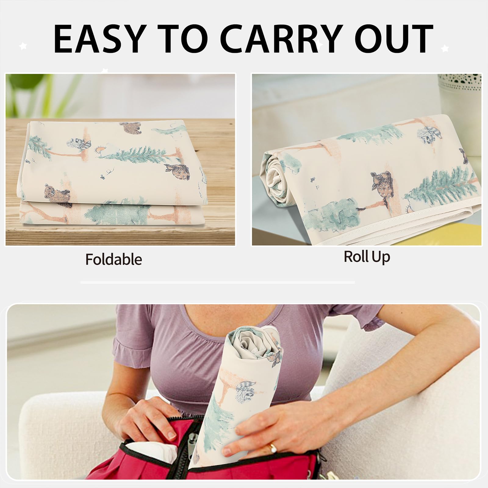 PHOEBUS BABY forest changing mat in car seat for on-the-go use.