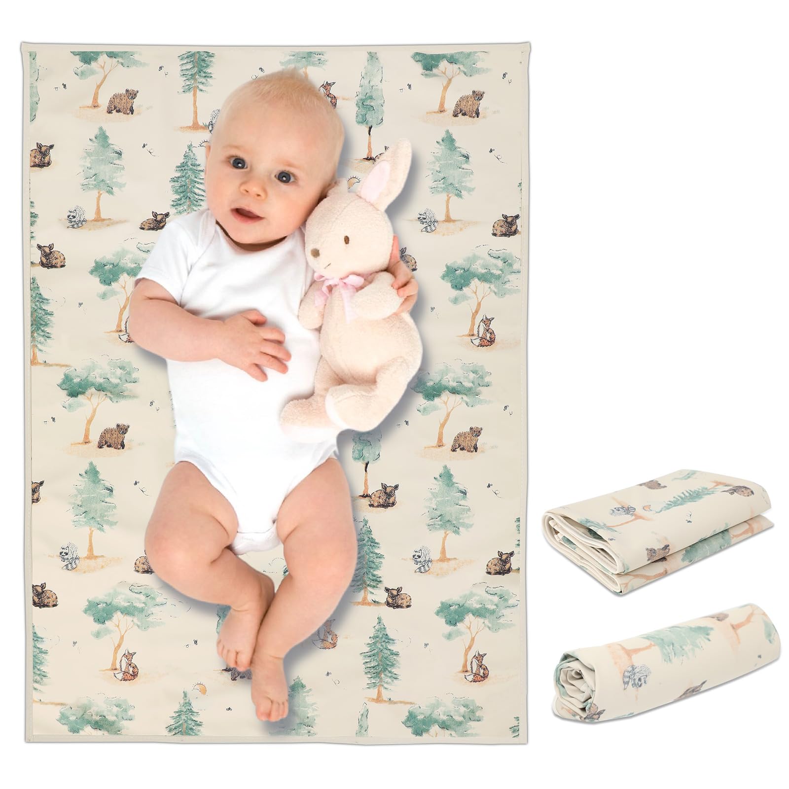 PHOEBUS BABY forest changing mat rolled for easy travel and storage.