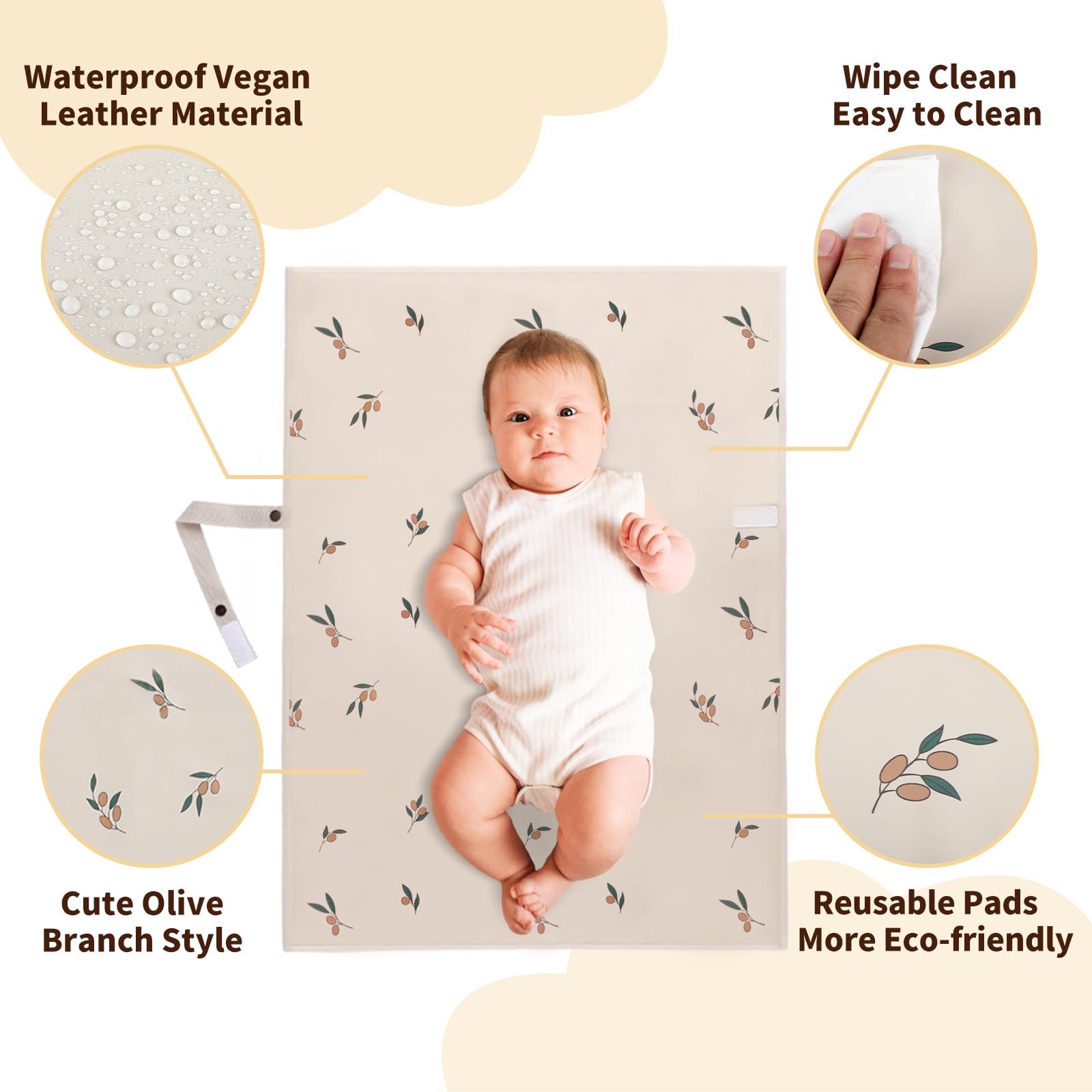 PHOEBUS BABY olive-branch changing pad strap highlights secure carry on strollers.