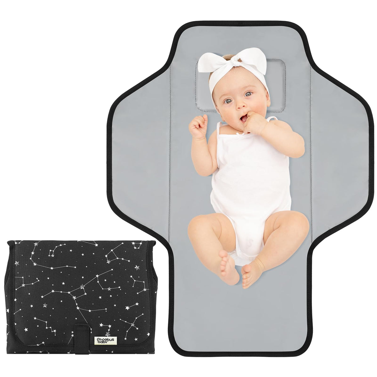 PHOEBUS BABY portable changing pad with built-in pillow for comfortable on-the-go changes.