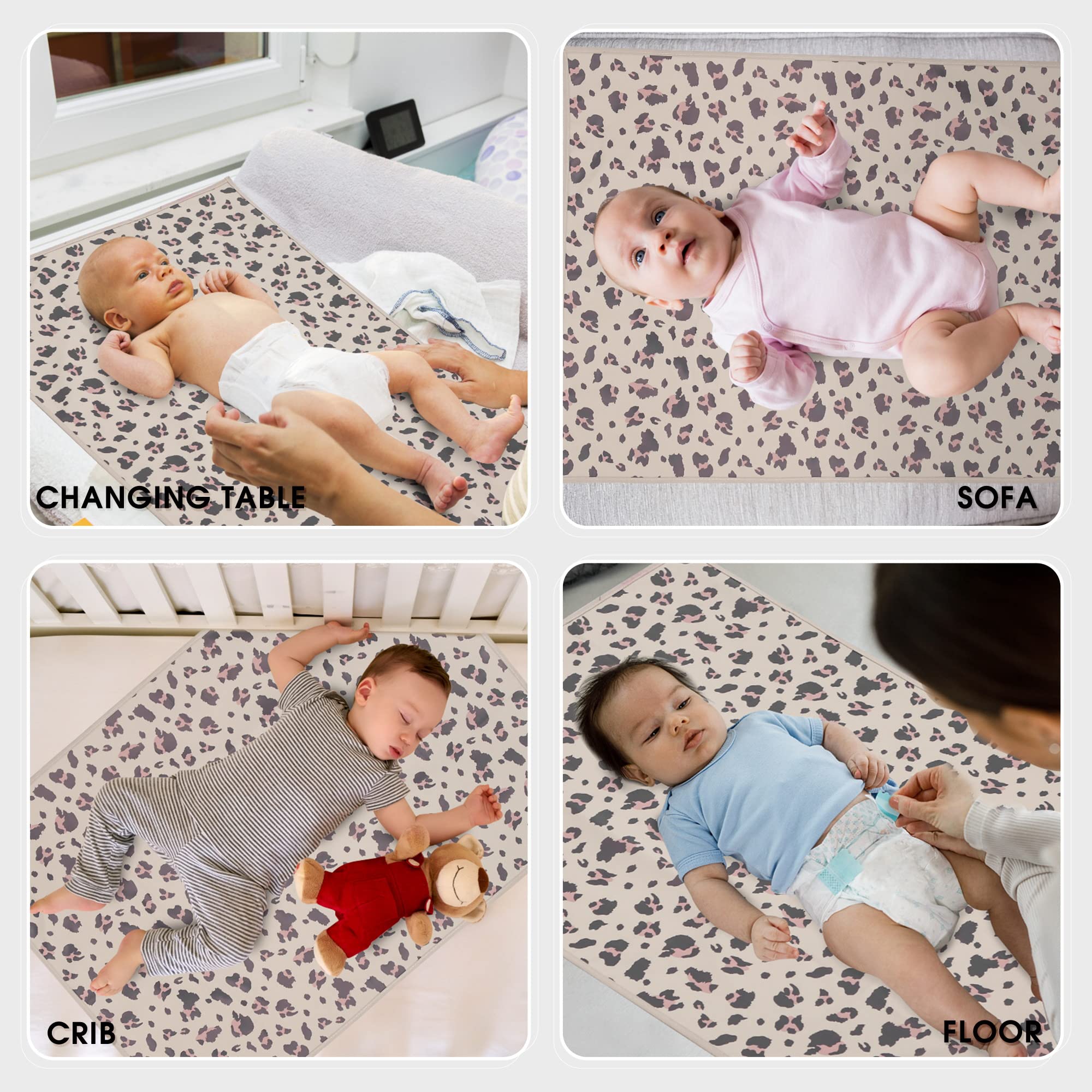 Phoebus Baby non-toxic changing pad in leopard print, gentle for baby's skin.