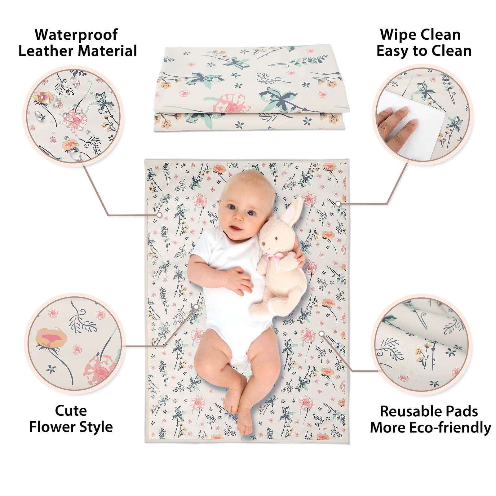 Phoebus Baby vegan leather changing mat, floral design folded for travel in a diaper bag.