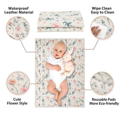 Phoebus Baby vegan leather changing mat, floral design folded for travel in a diaper bag.