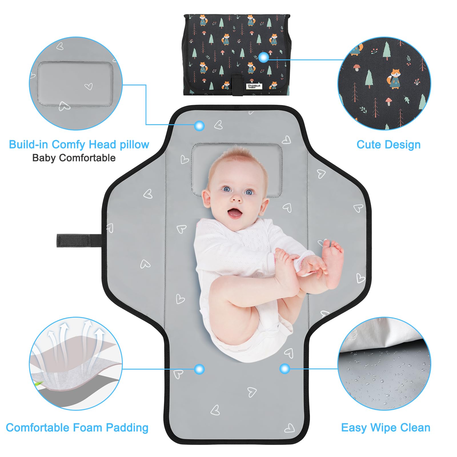 Phoebus Baby waterproof changing mat with built-in pillow for head support