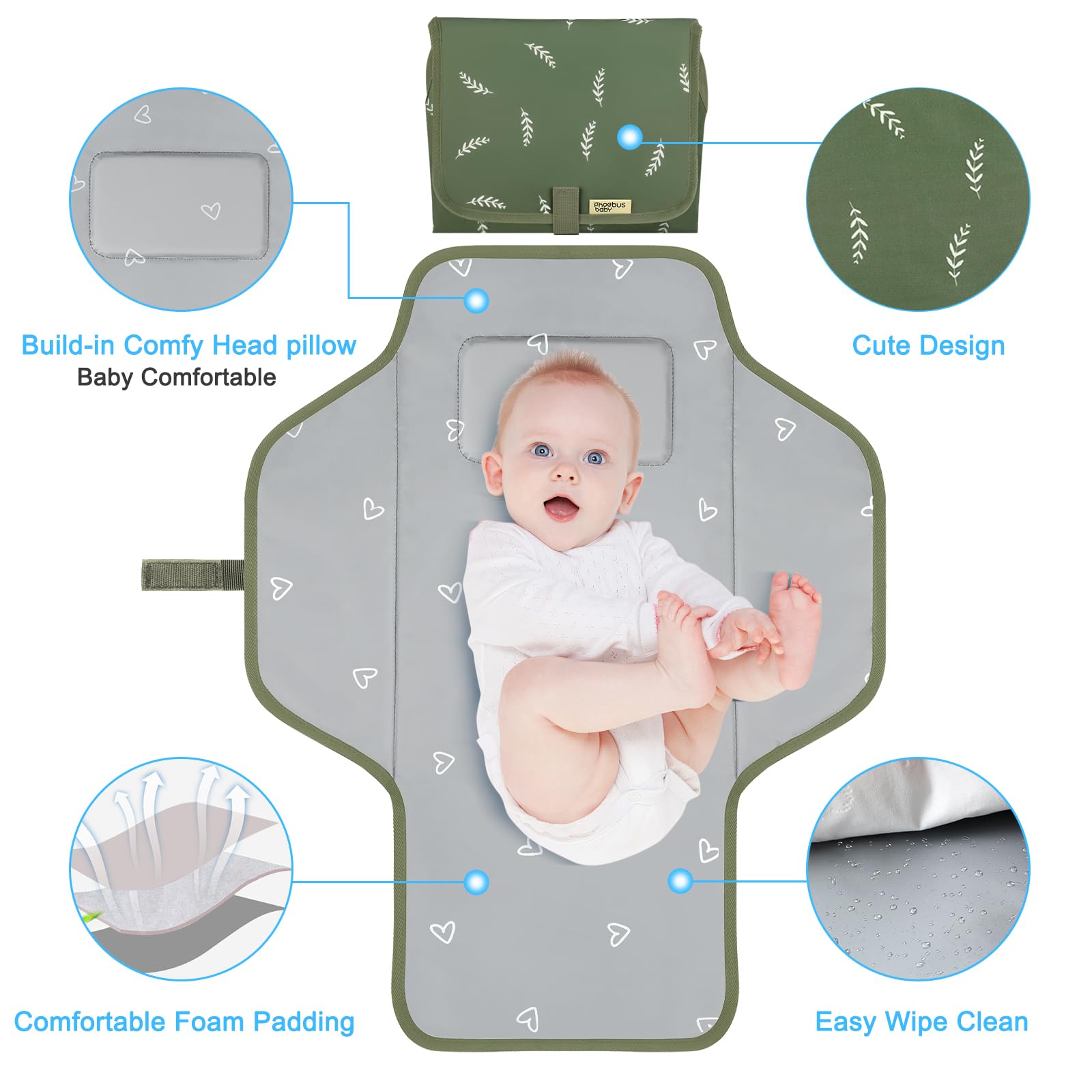 PHOEBUS BABY waterproof-changing-pad with wipe-clean surface for quick sanitation.