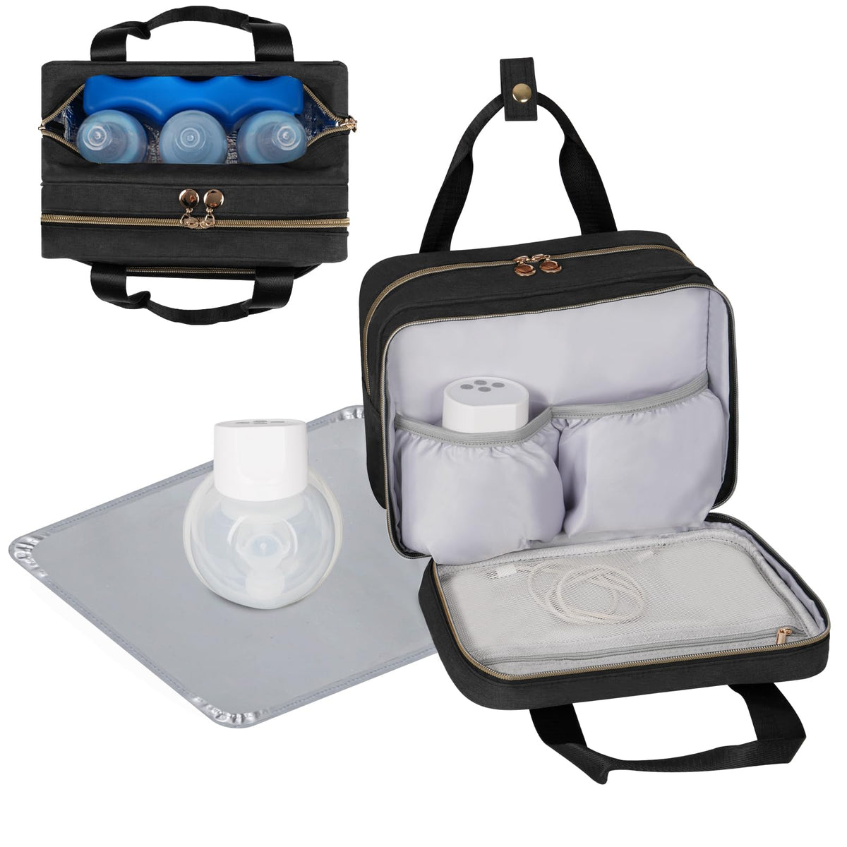 PHOEBUS BABY wearable breast pump bag front view with quick-access pockets for pumps