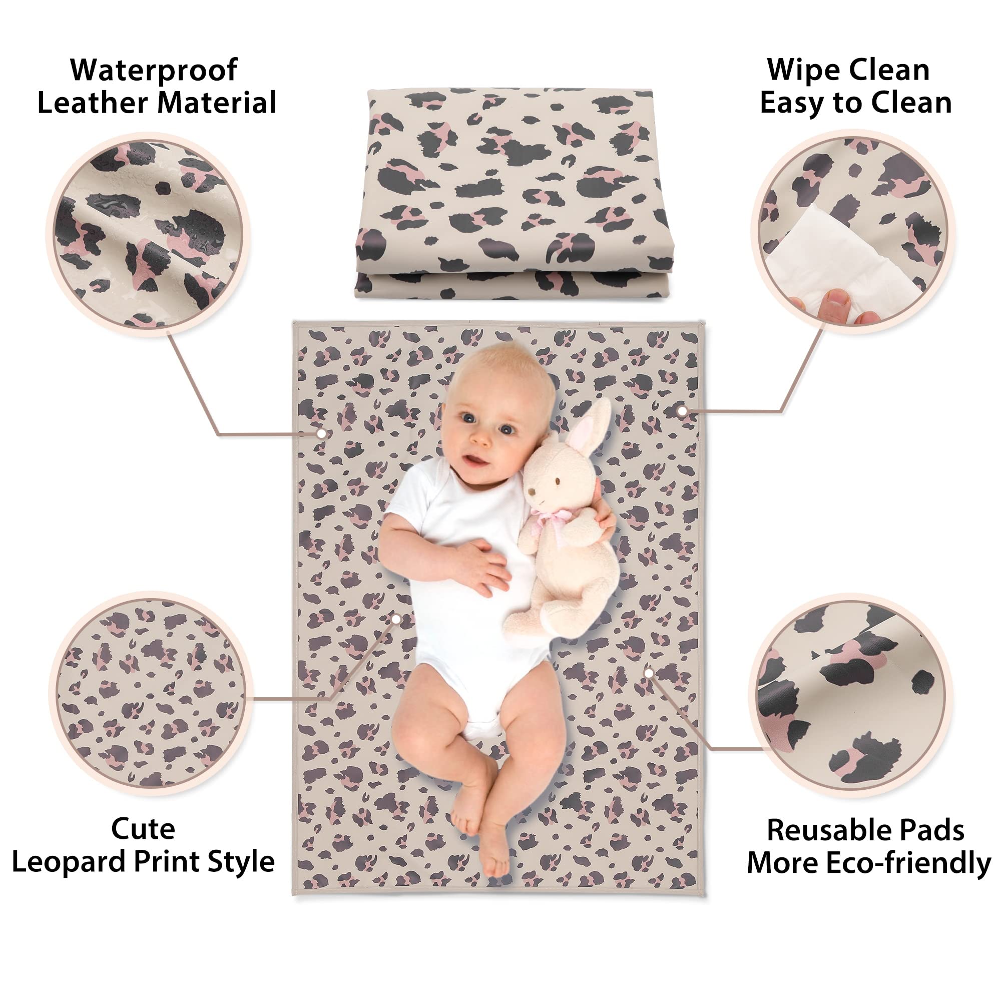 Phoebus Baby wipe-clean changing pad in leopard print for on-the-go cleanups.