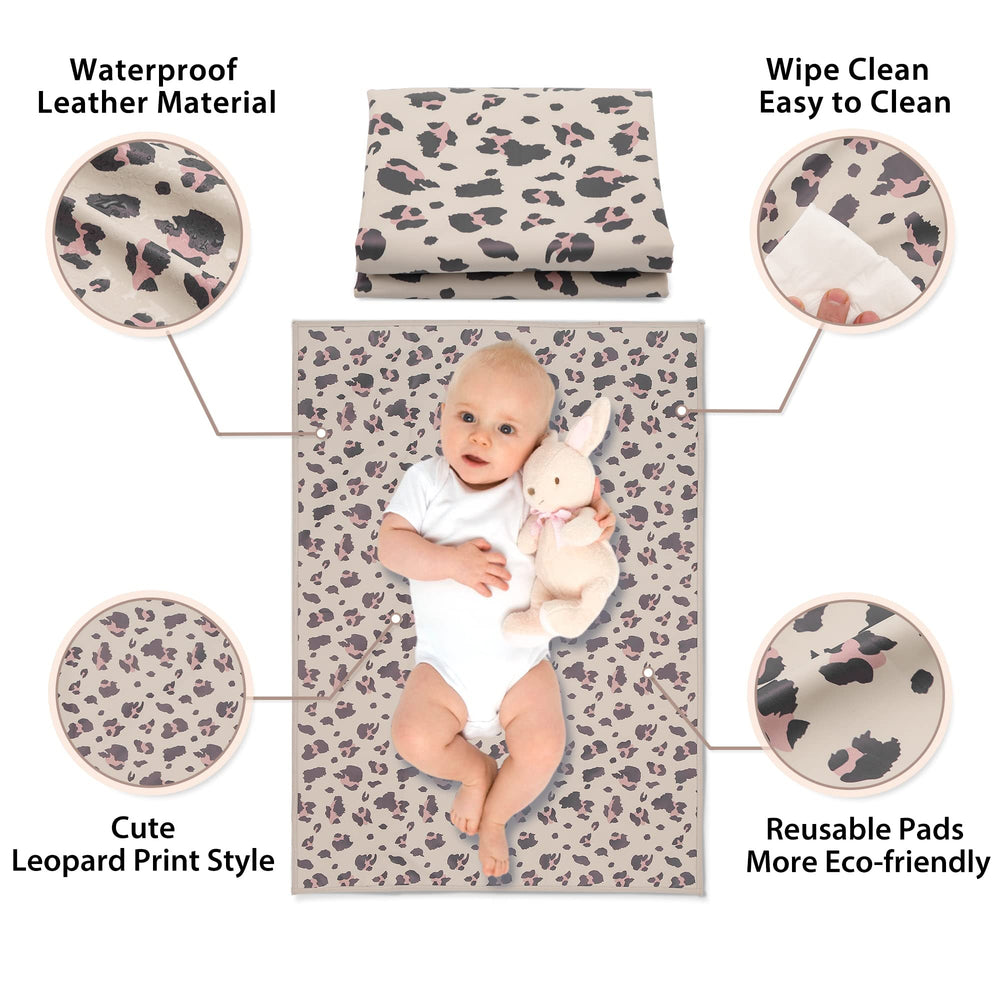 Phoebus Baby wipe-clean changing pad in leopard print for on-the-go cleanups.