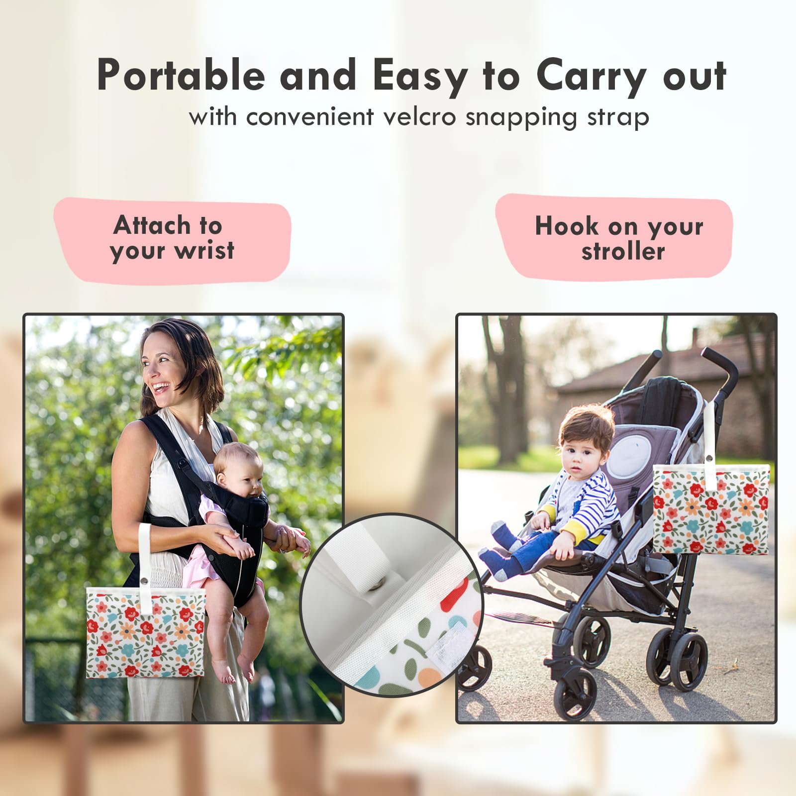 PHOEBUS BABY wrist strap travel feature—attach to stroller or bag for hands-free use.