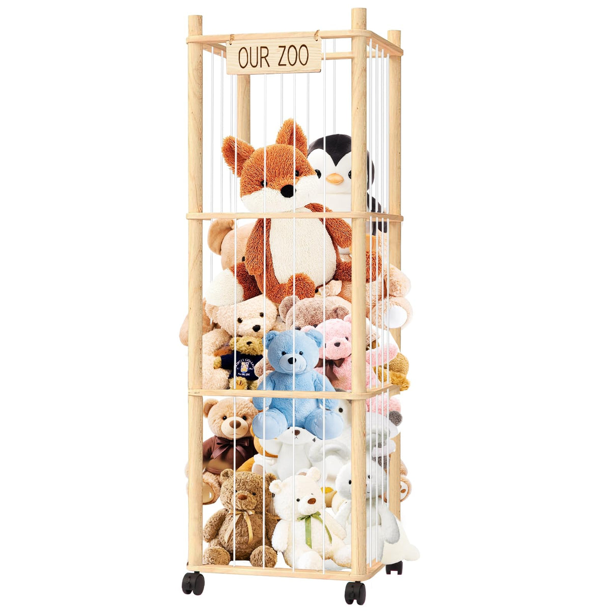 PHOKID 56in Zoo Tower on wheels demonstrates spacious open-grid storage for plush toys