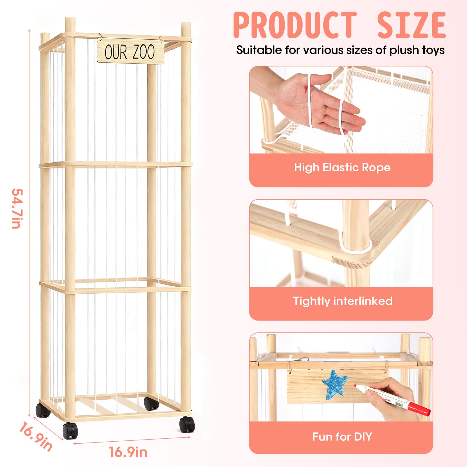 PHOKID wooden organizer with elastic band and mesh bottom keeps plush toys visible