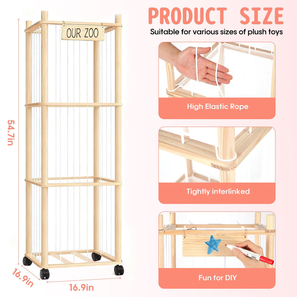 PHOKID wooden organizer with elastic band and mesh bottom keeps plush toys visible