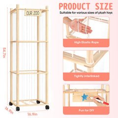 PHOKID wooden organizer with elastic band and mesh bottom keeps plush toys visible