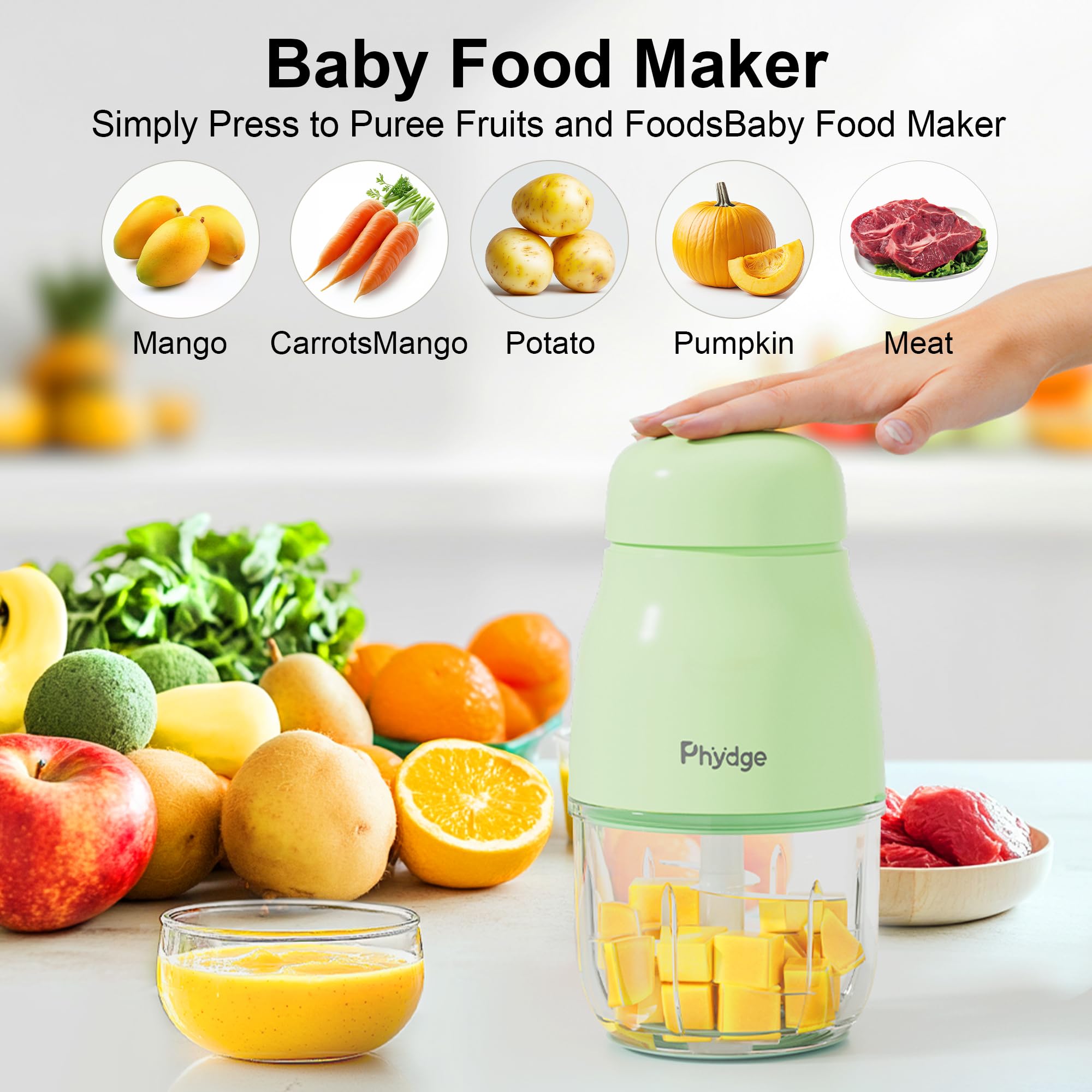 Phydge baby food maker eight blades for smooth textures.