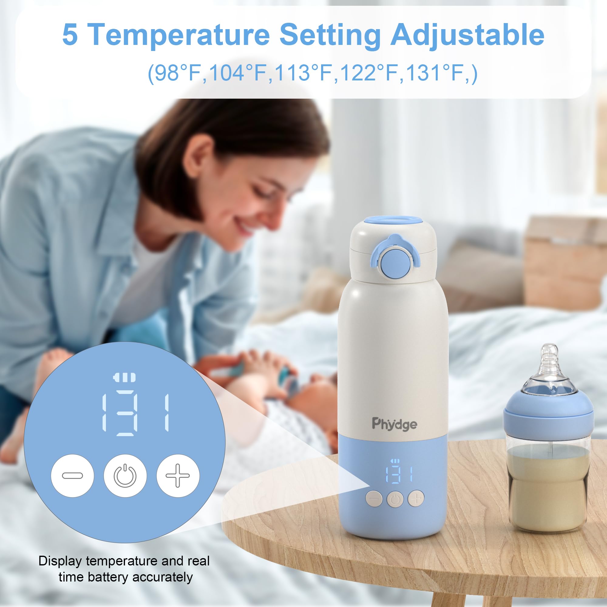Phydge bottle warmer demonstrates fast heat in two minutes for on-the-go feeds.