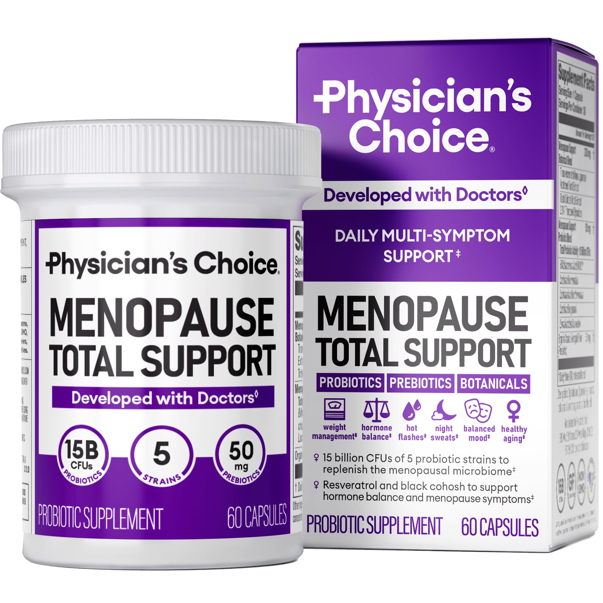 Physician's CHOICE Menopause Probiotic bottle promoting gut health and balance