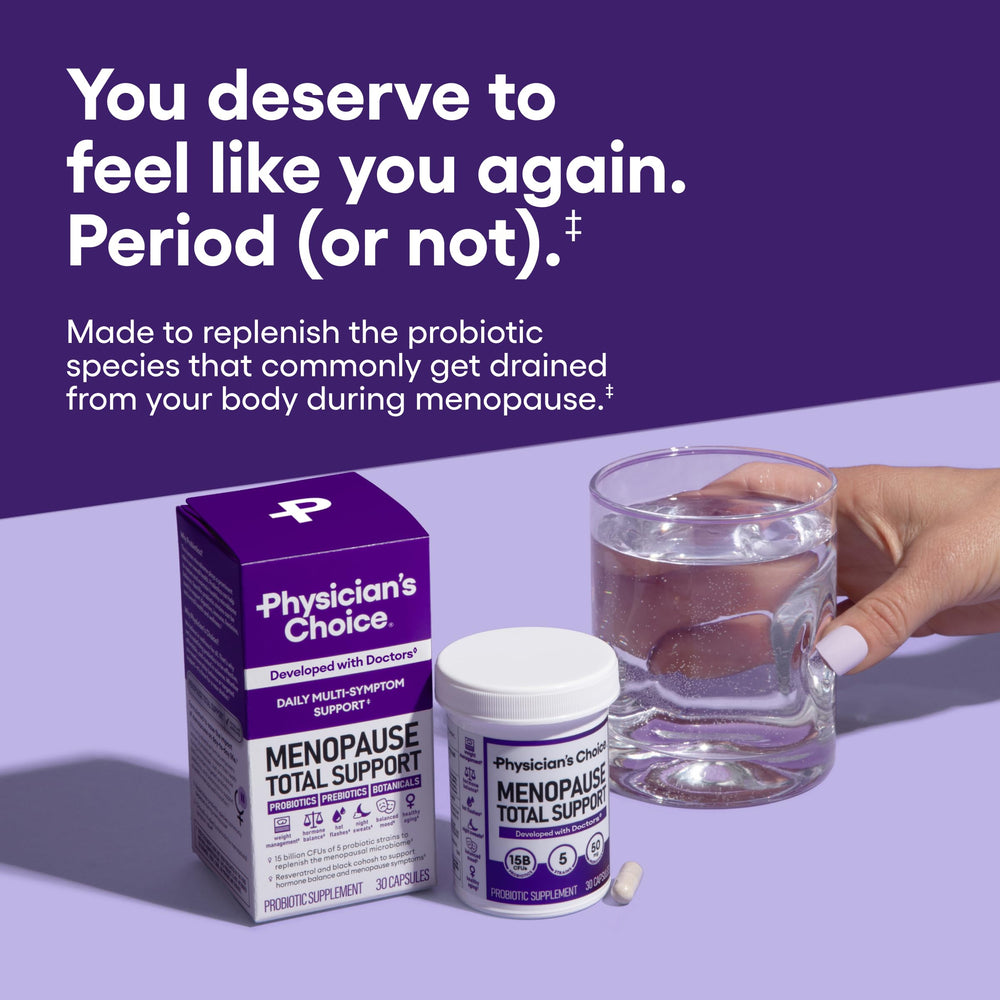 Physician's CHOICE Menopause Probiotic capsules close-up for easy daily use.
