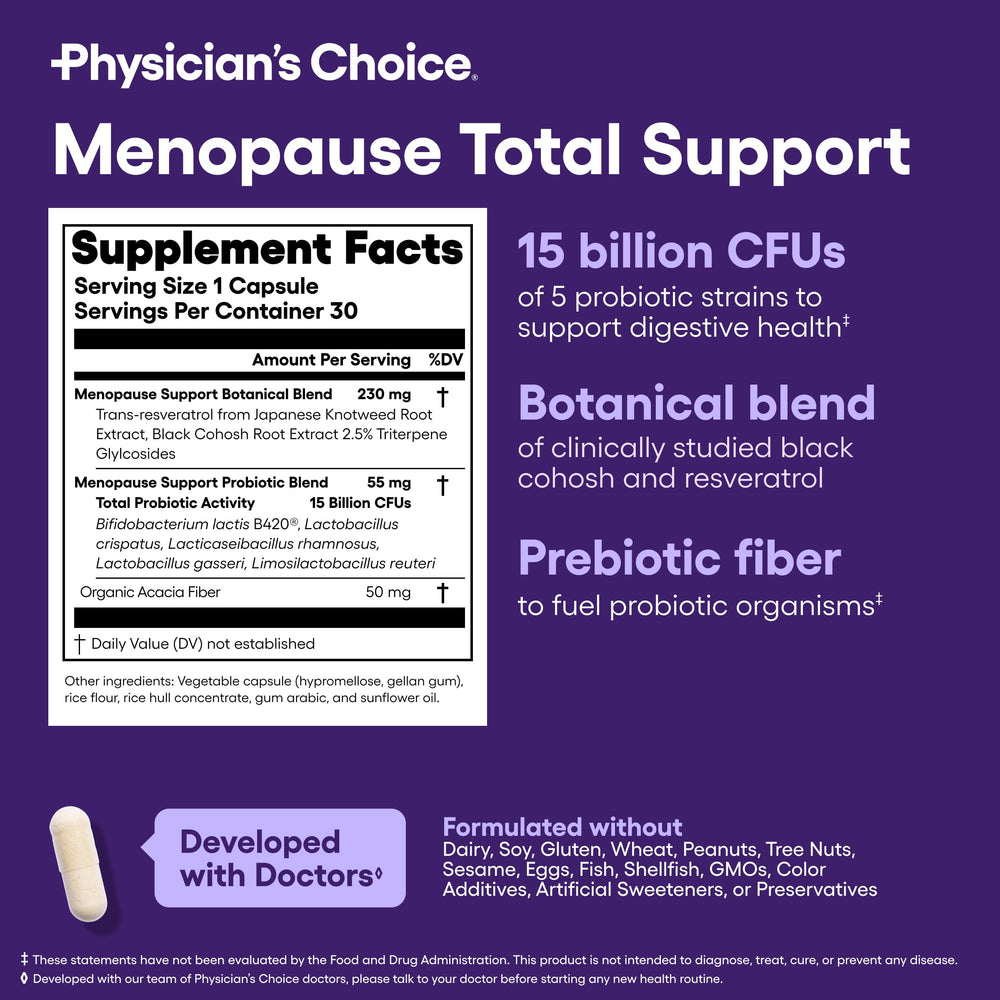 Physician's CHOICE Menopause Probiotic daily-use ritual demonstrates convenient capsules for daily consistency.