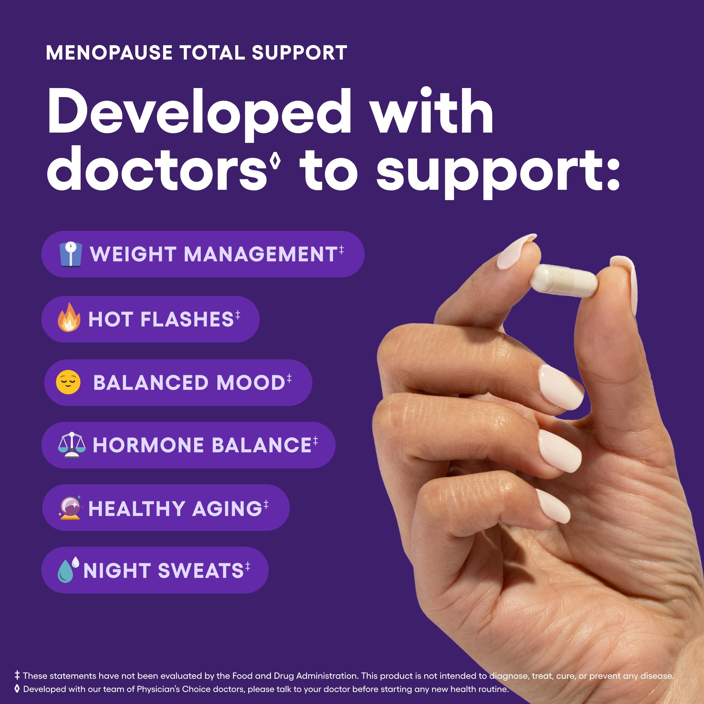 Physician's CHOICE Menopause Probiotic label close-up highlighting black cohosh and resveratrol.