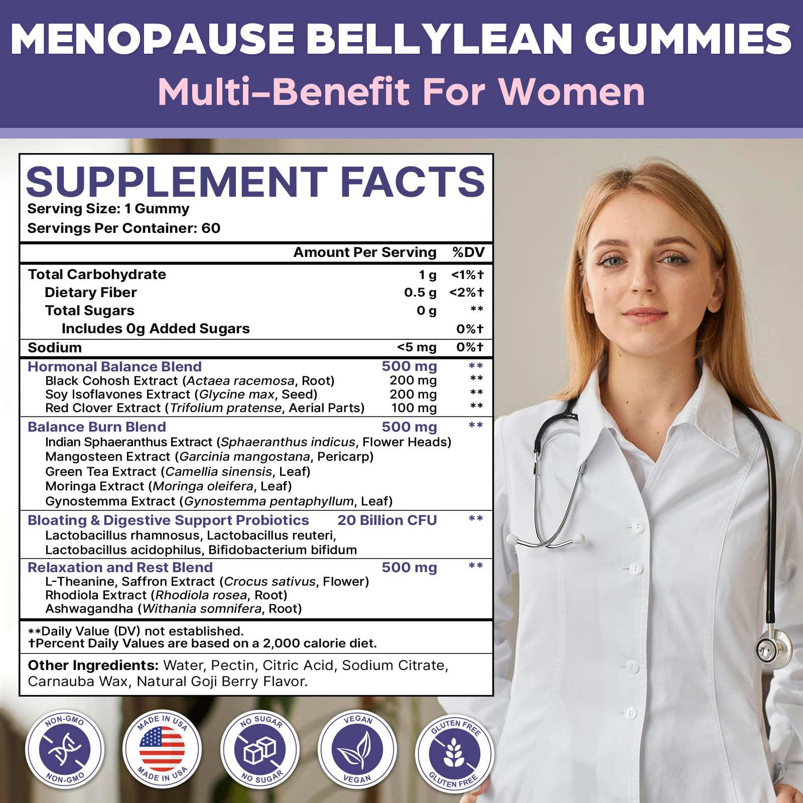 Phytrion Menopause Gummies bottle back-label shows dosage and 16-in-1 formula.