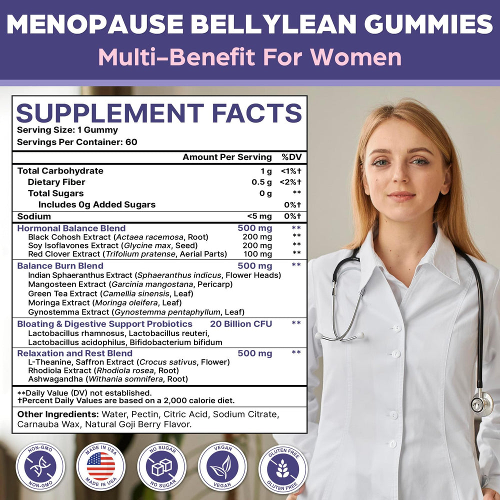 Phytrion Menopause Gummies bottle back-label shows dosage and 16-in-1 formula.