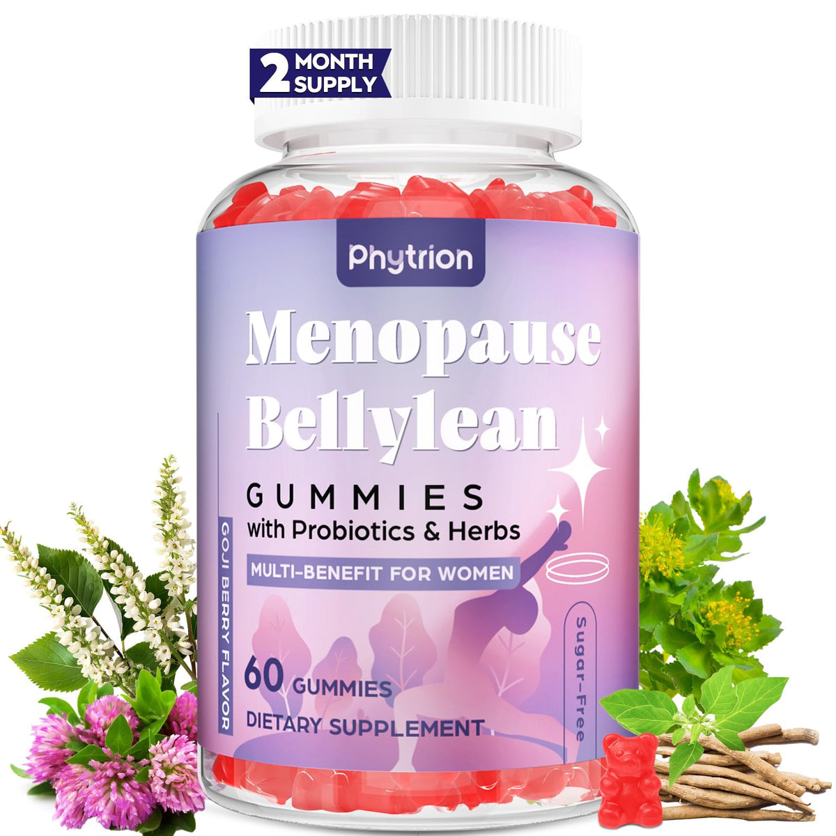 Phytrion Menopause Gummies bottle front highlights sugar-free relief for night sweats.